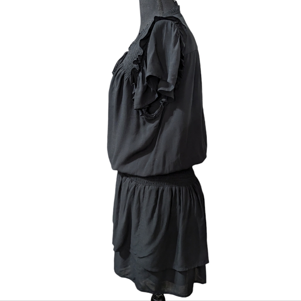 PAIGE Cristina Black Smocked Mini Dress Flutter Sleeve Tiered S - Picture 7 of 15